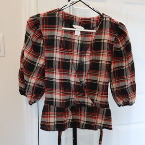 H&M Plaid Tie up Top with Puff sleeves